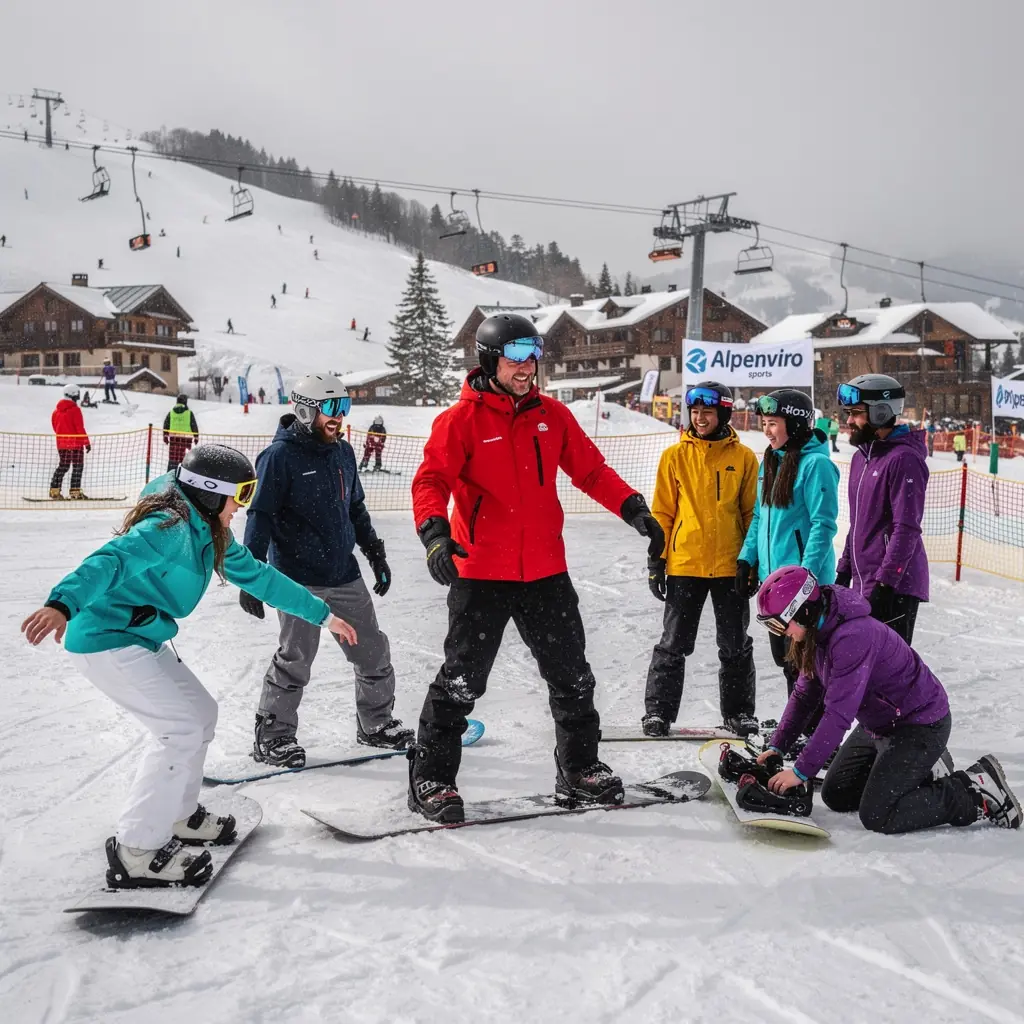 Landschaft mit Skiliften und fröhlichen Wintersportlern in der Alpenregion.