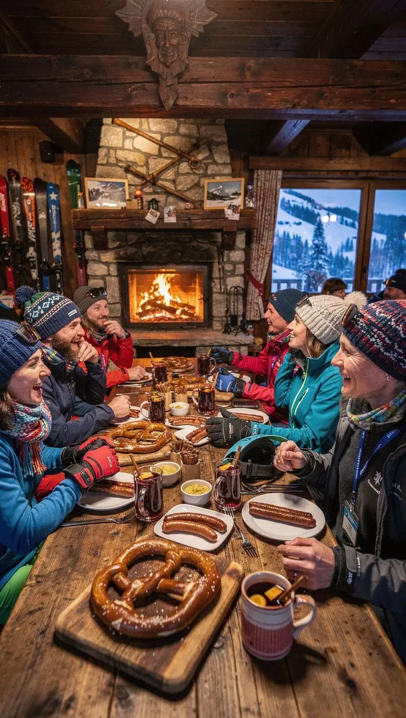 Familie beim Skifahren auf einer breiten Piste mit herrlichem Bergblick.